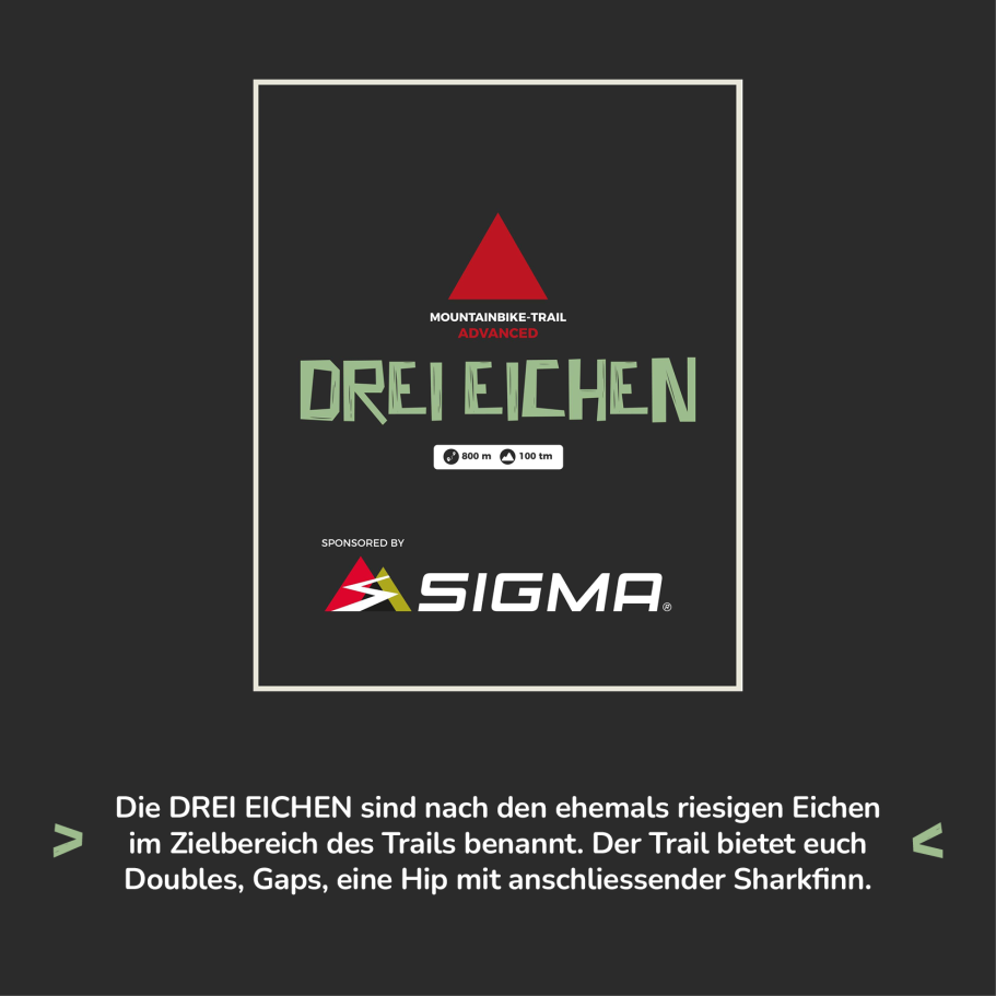 Das Design zeigt den Titel „Drei Eichen“ mit Logo von Sigma und Beschreibung des Trails.