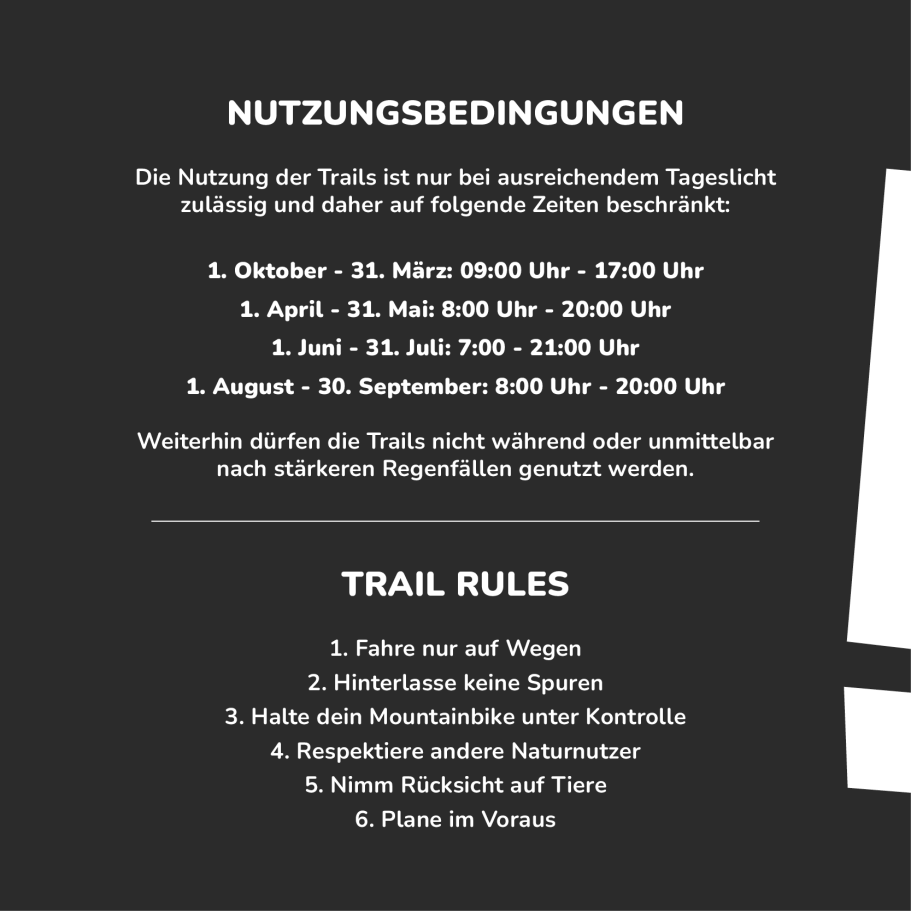 Nutzungsbedingungen und Regeln für die Nutzung der Trails in verschiedenen Zeiträumen.