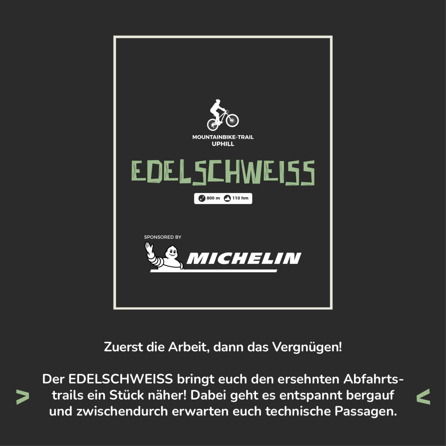 Text auf schwarzem Hintergrund: "Edelschweiß - Zuerst die Arbeit, dann das Vergnügen!"